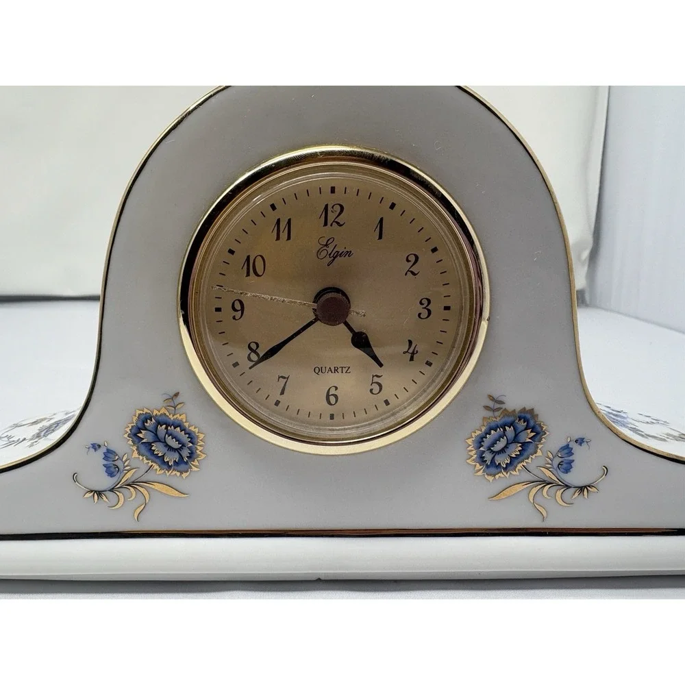 Vintage ELGIN Mantle Clock Porcelain White Blue Florals French County‎ Analog